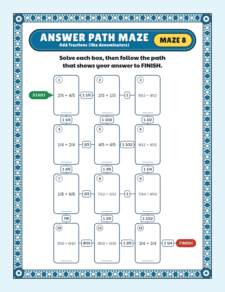 Adding fractions maze printable: a hard math maze for ages 8 to 12