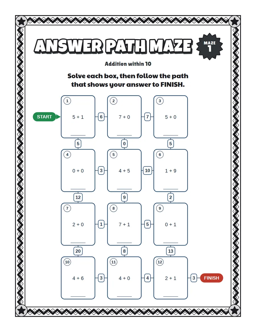 Addition within 10 maze printable: an easy math maze for ages 4 to 6