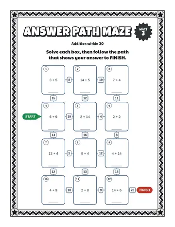 Addition within 20 maze printable: a gentle math maze for ages 5 to 7
