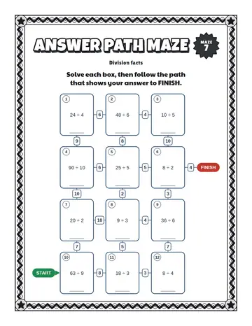 Division facts maze printable: a hard math maze for ages 8 to 12