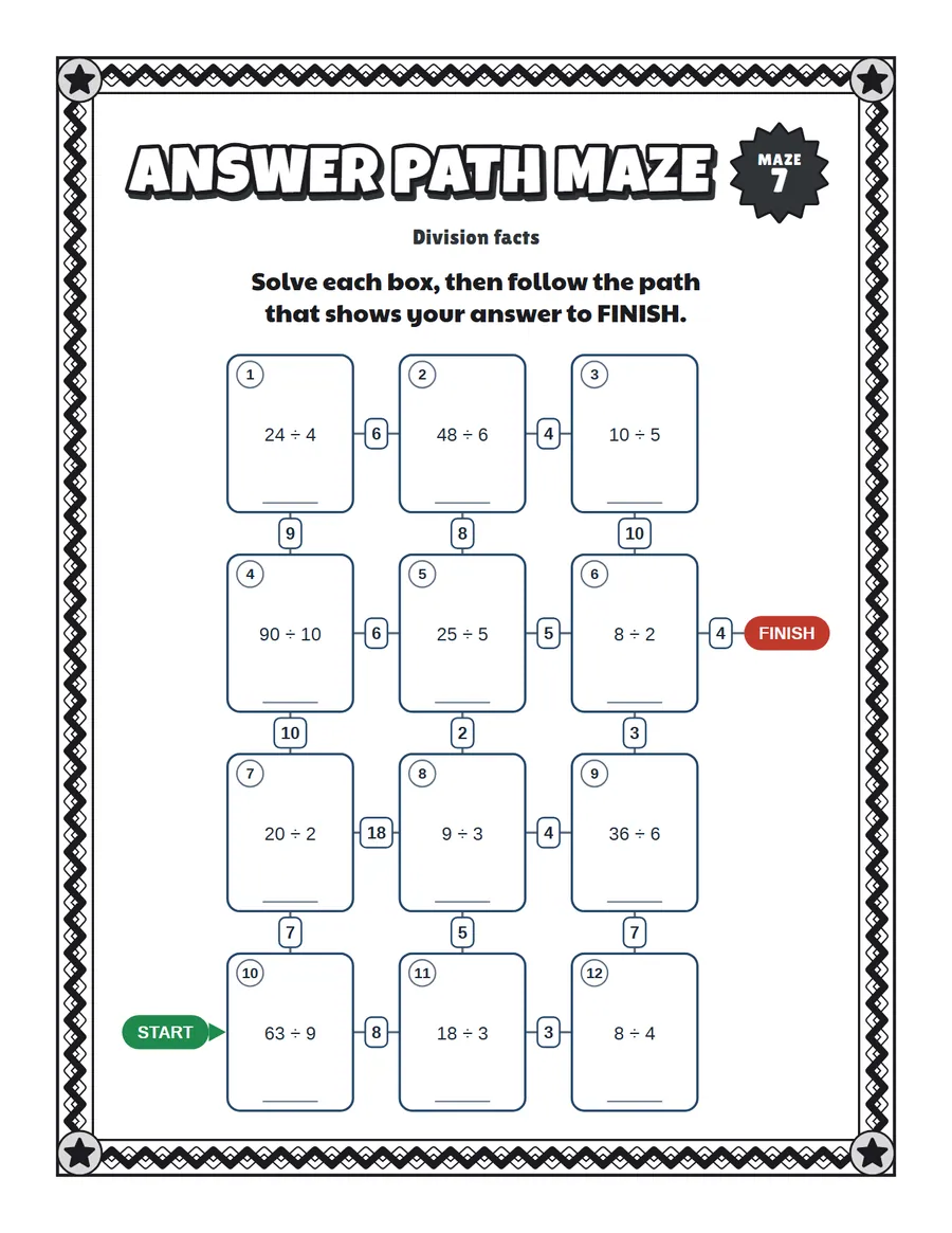Division facts maze printable: a hard math maze for ages 8 to 12