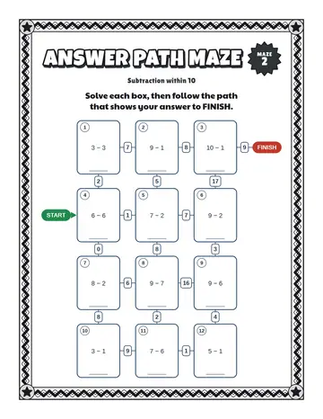 Subtraction within 10 maze printable: an easy math maze for ages 4 to 6