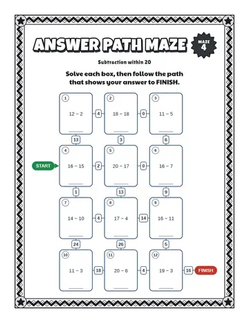 Subtraction within 20 maze printable: a gentle math maze for ages 5 to 7