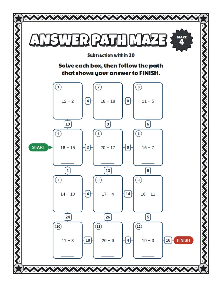 Subtraction within 20 maze printable: a gentle math maze for ages 5 to 7