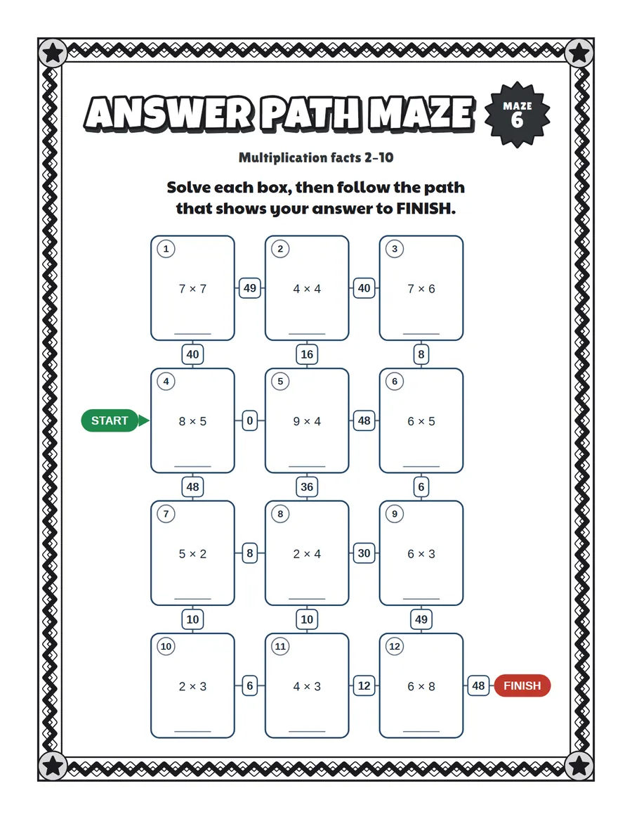 Times tables maze printable: a medium math maze for ages 6 to 8