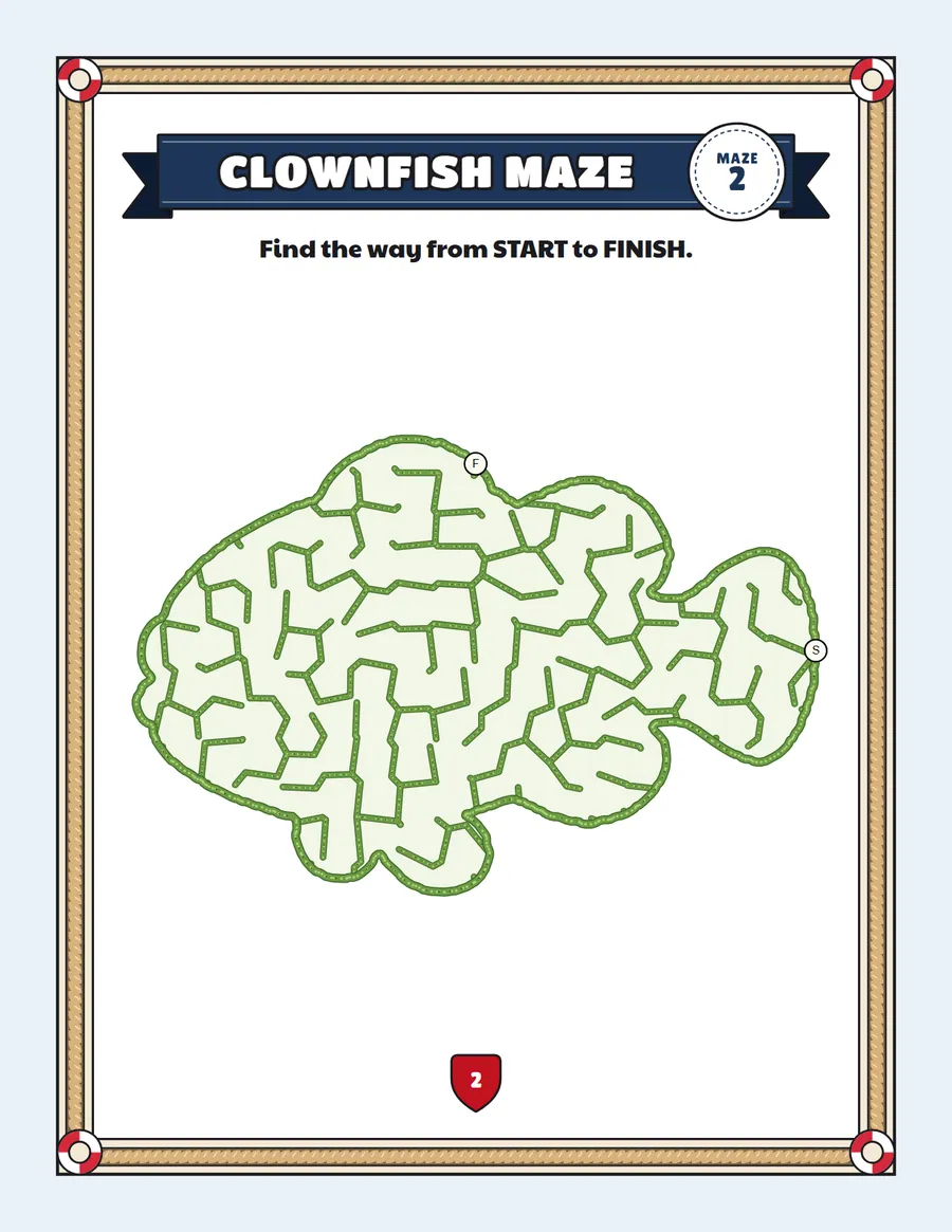 Clownfish maze printable: a easy ocean maze inside a clownfish shape