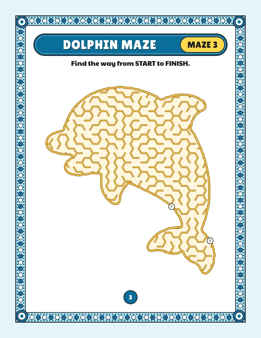 Dolphin maze printable: a gentle ocean maze inside a dolphin shape