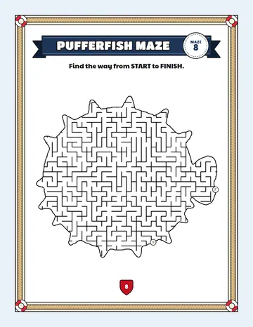 Pufferfish maze printable: a hard ocean maze inside a pufferfish shape