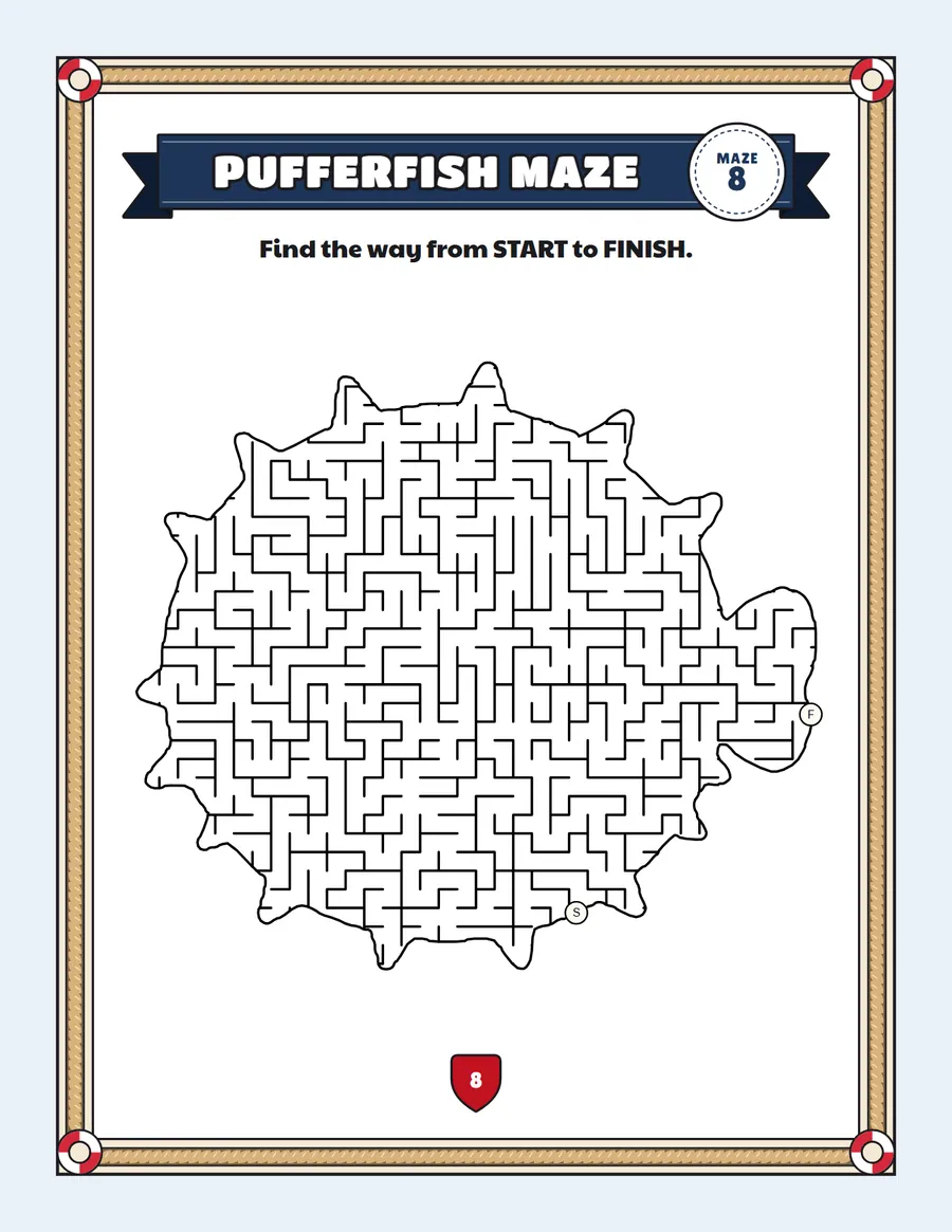 Pufferfish maze printable: a hard ocean maze inside a pufferfish shape