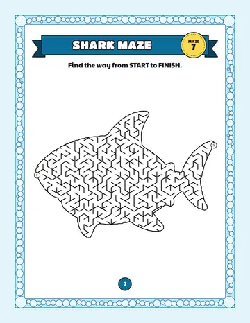 Shark maze printable: a hard ocean maze inside a shark shape