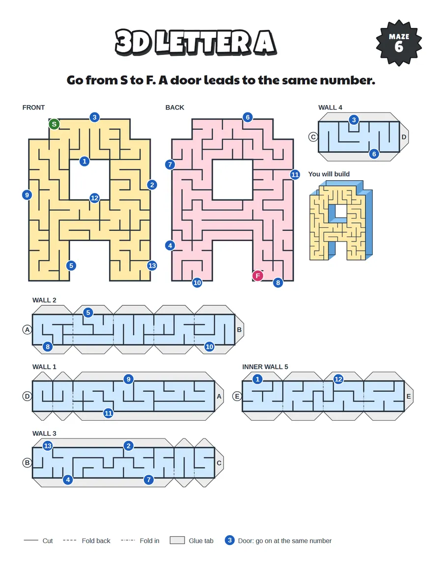 3D letter A maze printable: a medium papercraft maze for ages 6 to 8