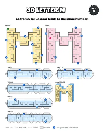 3D letter M maze printable: a hard papercraft maze for ages 8 to 12