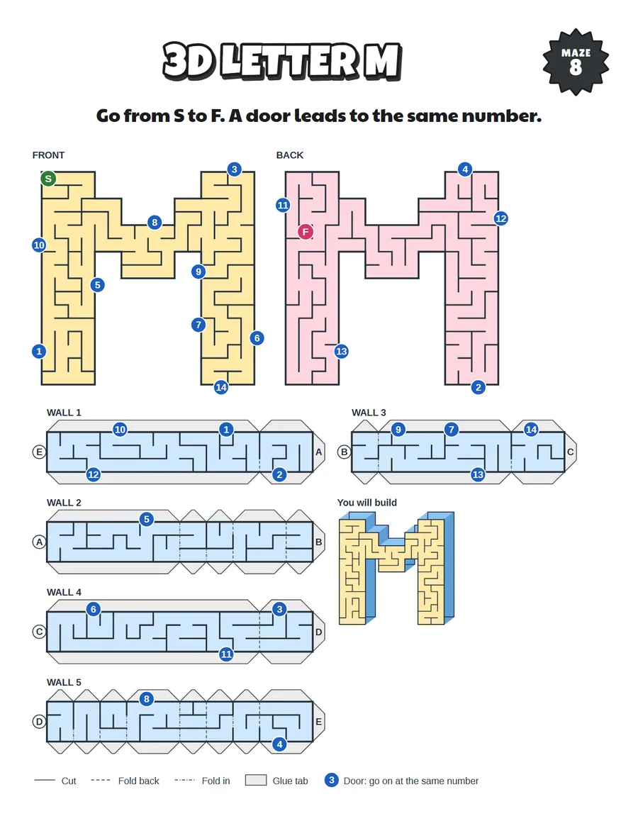 3D letter M maze printable: a hard papercraft maze for ages 8 to 12