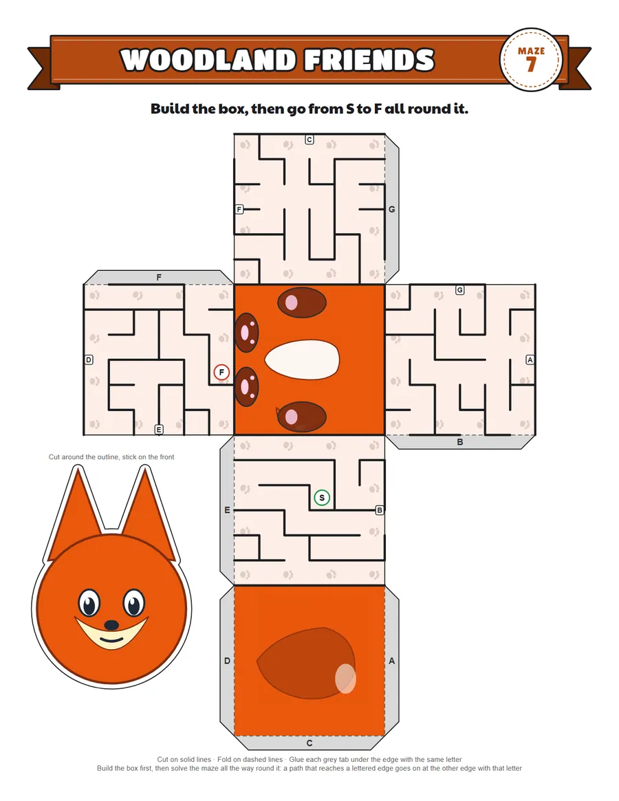 Fox papercraft maze printable: a hard papercraft maze for ages 8 to 12