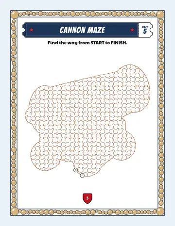Cannon maze printable: a medium pirate maze inside a cannon shape