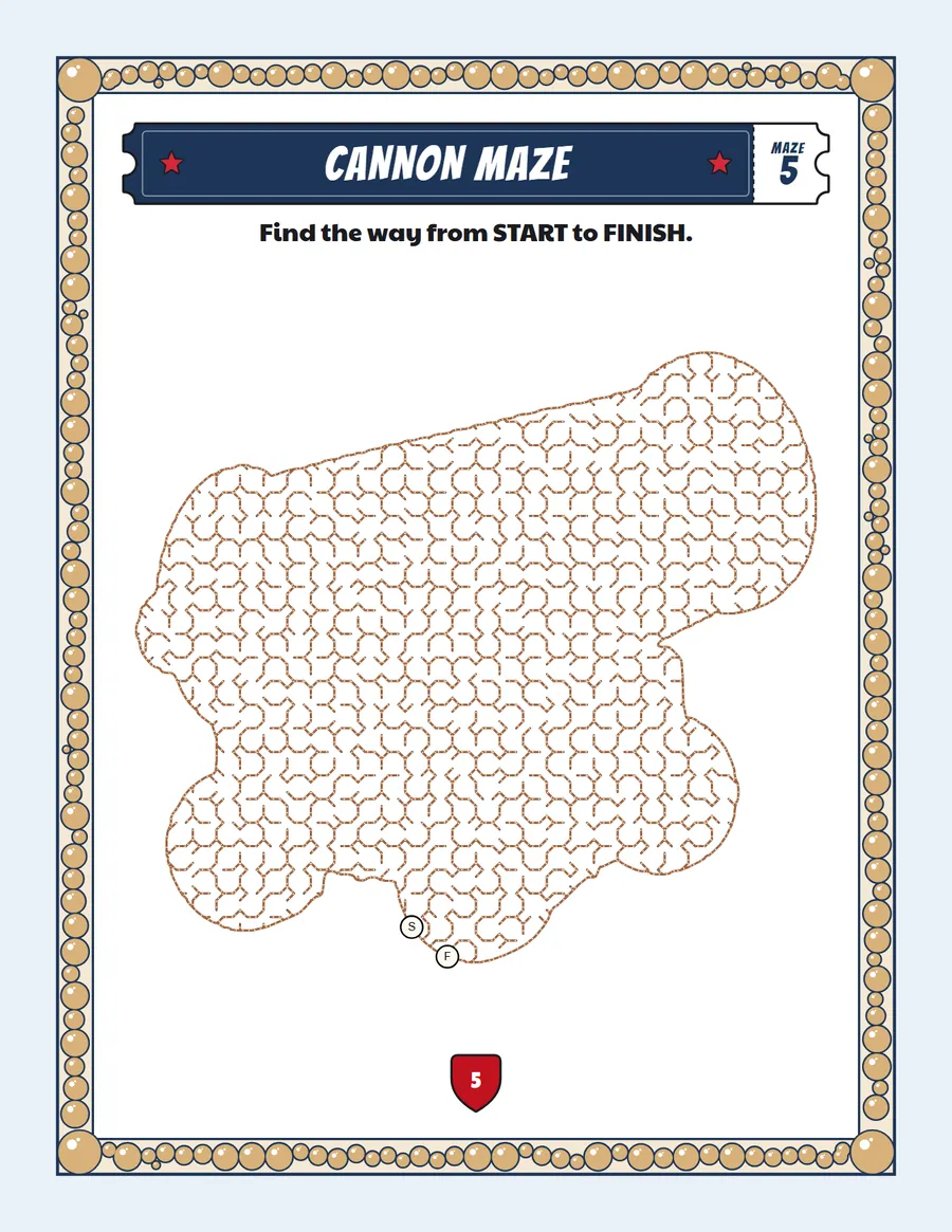 Cannon maze printable: a medium pirate maze inside a cannon shape