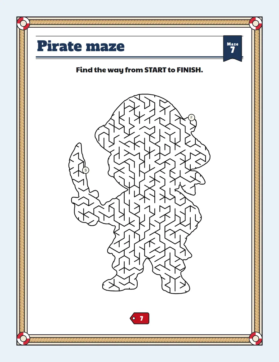 Pirate maze printable: a hard pirate maze inside a pirate shape