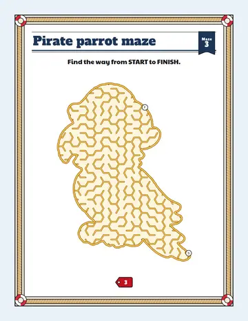 Pirate parrot maze printable: a gentle pirate maze inside a pirate parrot shape