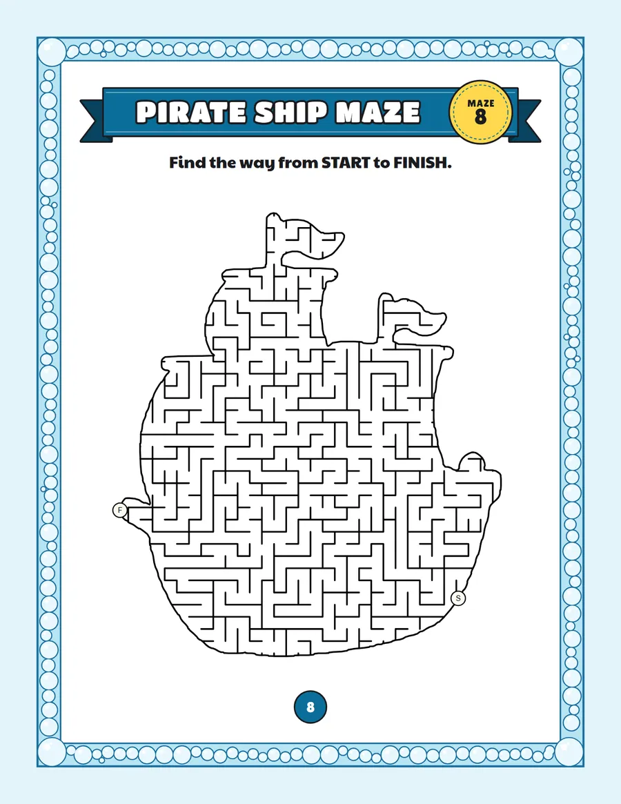 Pirate ship maze printable: a hard pirate maze inside a pirate ship shape
