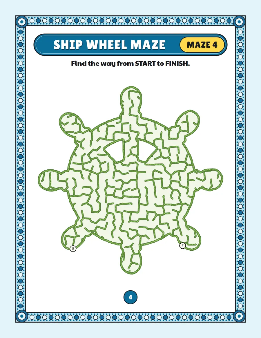 Ship wheel maze printable: a gentle pirate maze inside a ship wheel shape