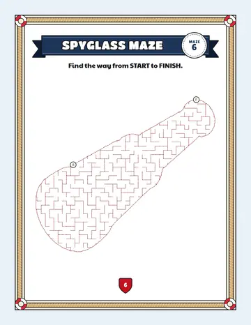 Spyglass maze printable: a gentle pirate maze inside a spyglass shape