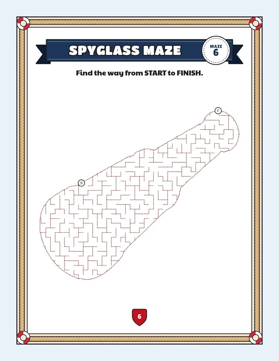 Spyglass maze printable: a gentle pirate maze inside a spyglass shape
