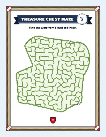 Treasure chest maze printable: an easy pirate maze inside a treasure chest shape