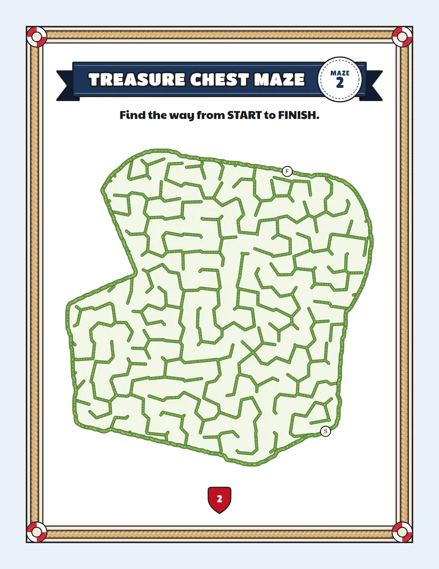 Treasure chest maze printable: an easy pirate maze inside a treasure chest shape