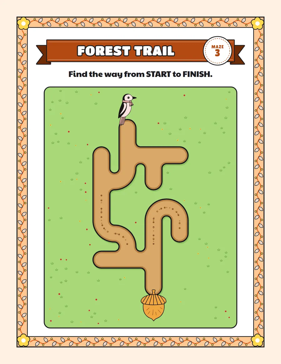 Forest trail road maze printable: a gentle road maze for ages 5 to 7