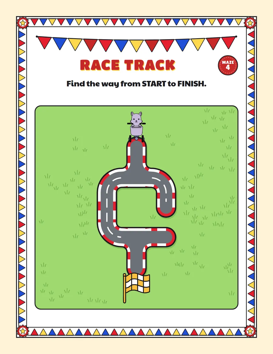 Race day road maze printable: a gentle road maze for ages 5 to 7
