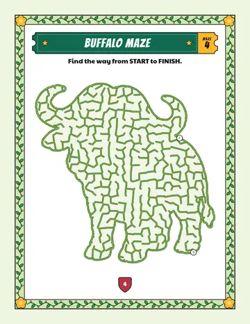 Buffalo maze printable: a gentle safari animal maze inside a buffalo shape