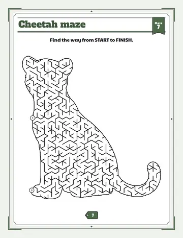 Cheetah maze printable: a hard safari animal maze inside a cheetah shape