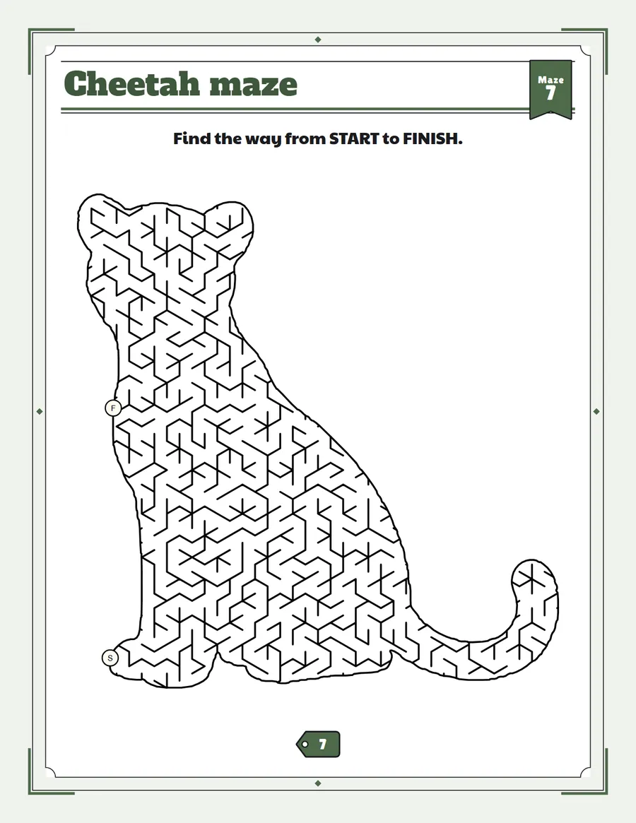 Cheetah maze printable: a hard safari animal maze inside a cheetah shape