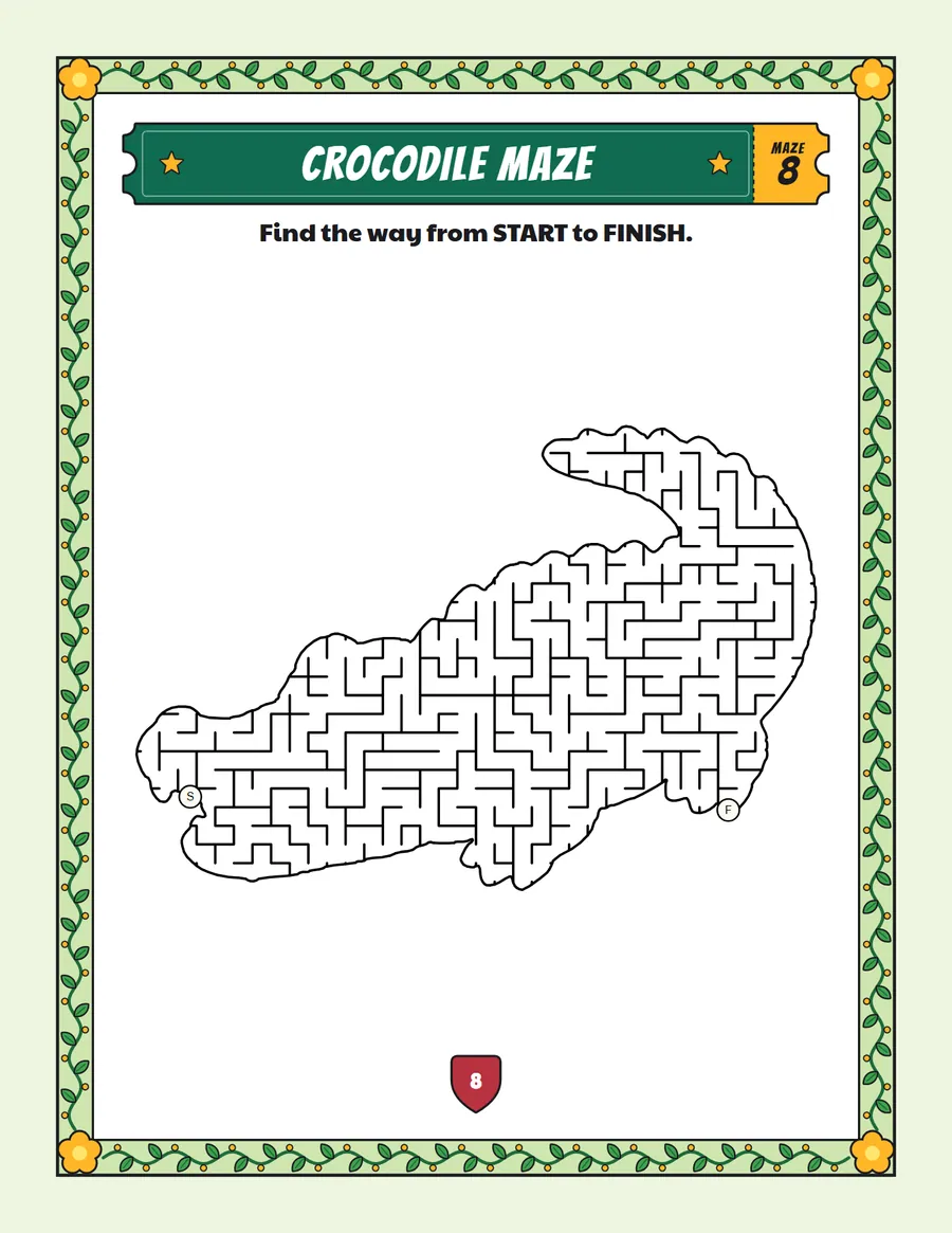 Crocodile maze printable: a hard safari animal maze inside a crocodile shape