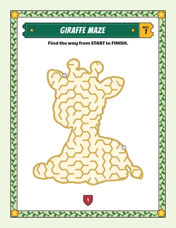 Giraffe maze printable: an easy safari animal maze inside a giraffe shape