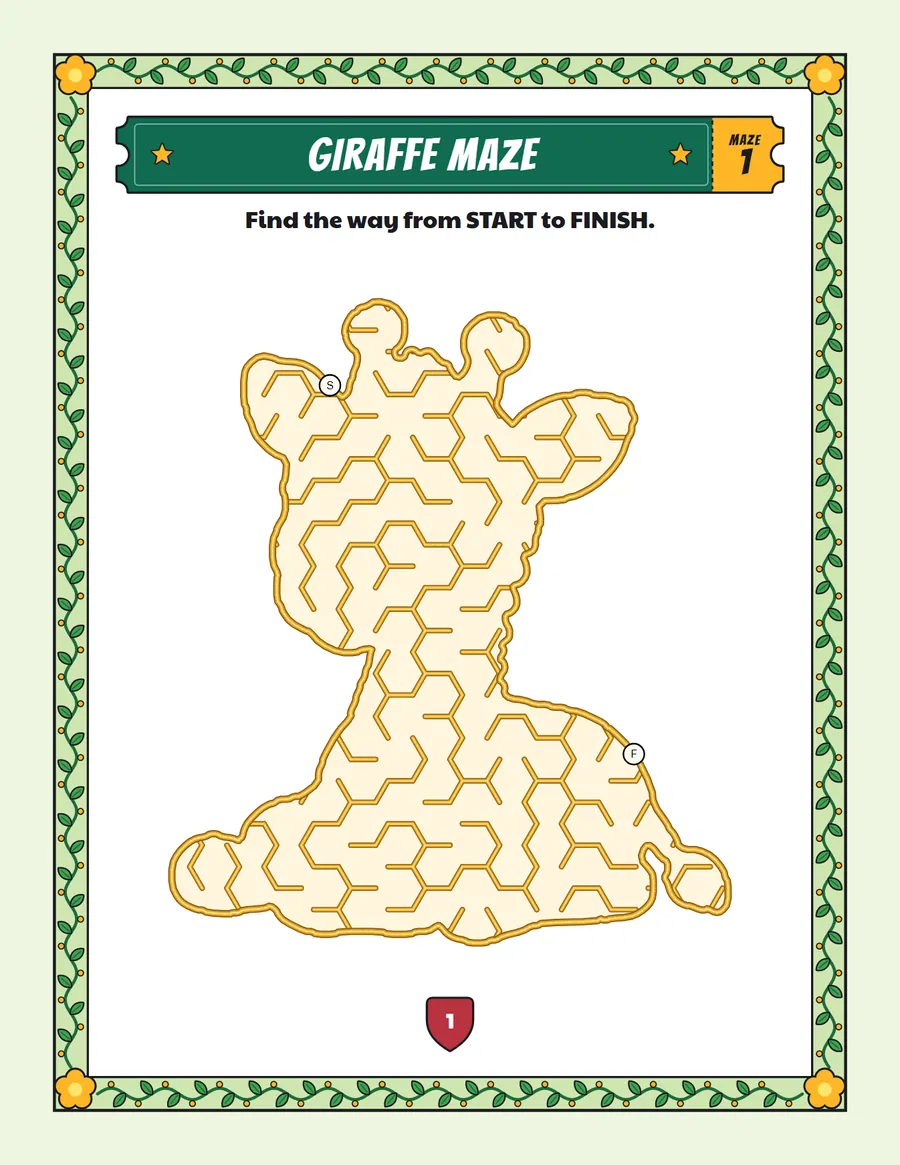Giraffe maze printable: an easy safari animal maze inside a giraffe shape
