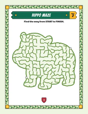 Hippo maze printable: an easy safari animal maze inside a hippo shape