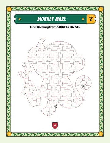 Monkey maze printable: a gentle safari animal maze inside a monkey shape