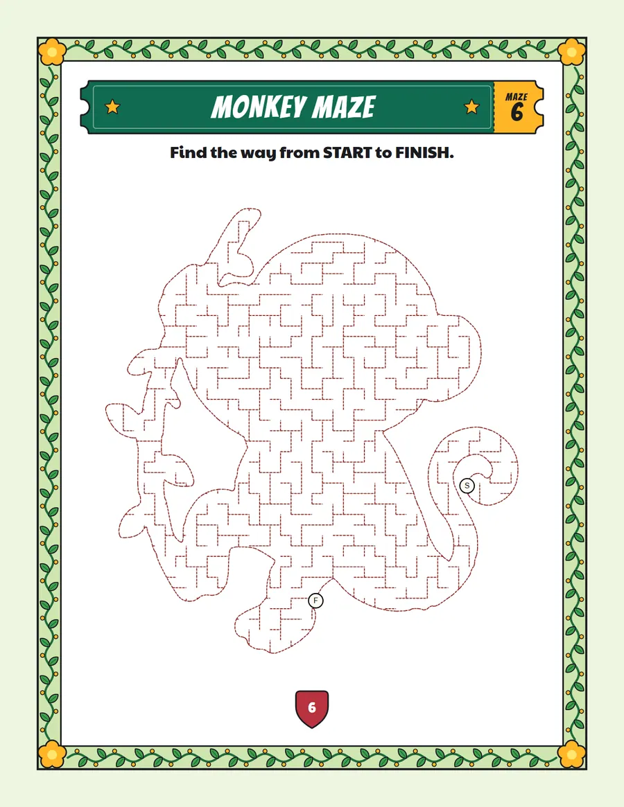 Monkey maze printable: a gentle safari animal maze inside a monkey shape