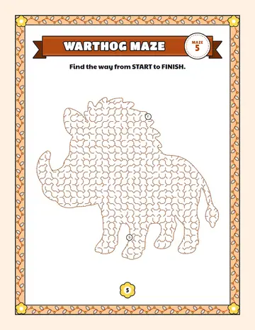 Warthog maze printable: a medium safari animal maze inside a warthog shape