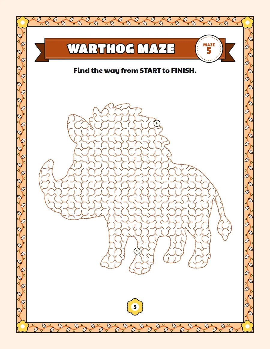 Warthog maze printable: a medium safari animal maze inside a warthog shape