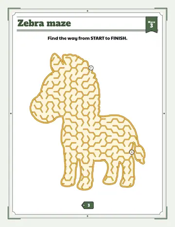 Zebra maze printable: a gentle safari animal maze inside a zebra shape