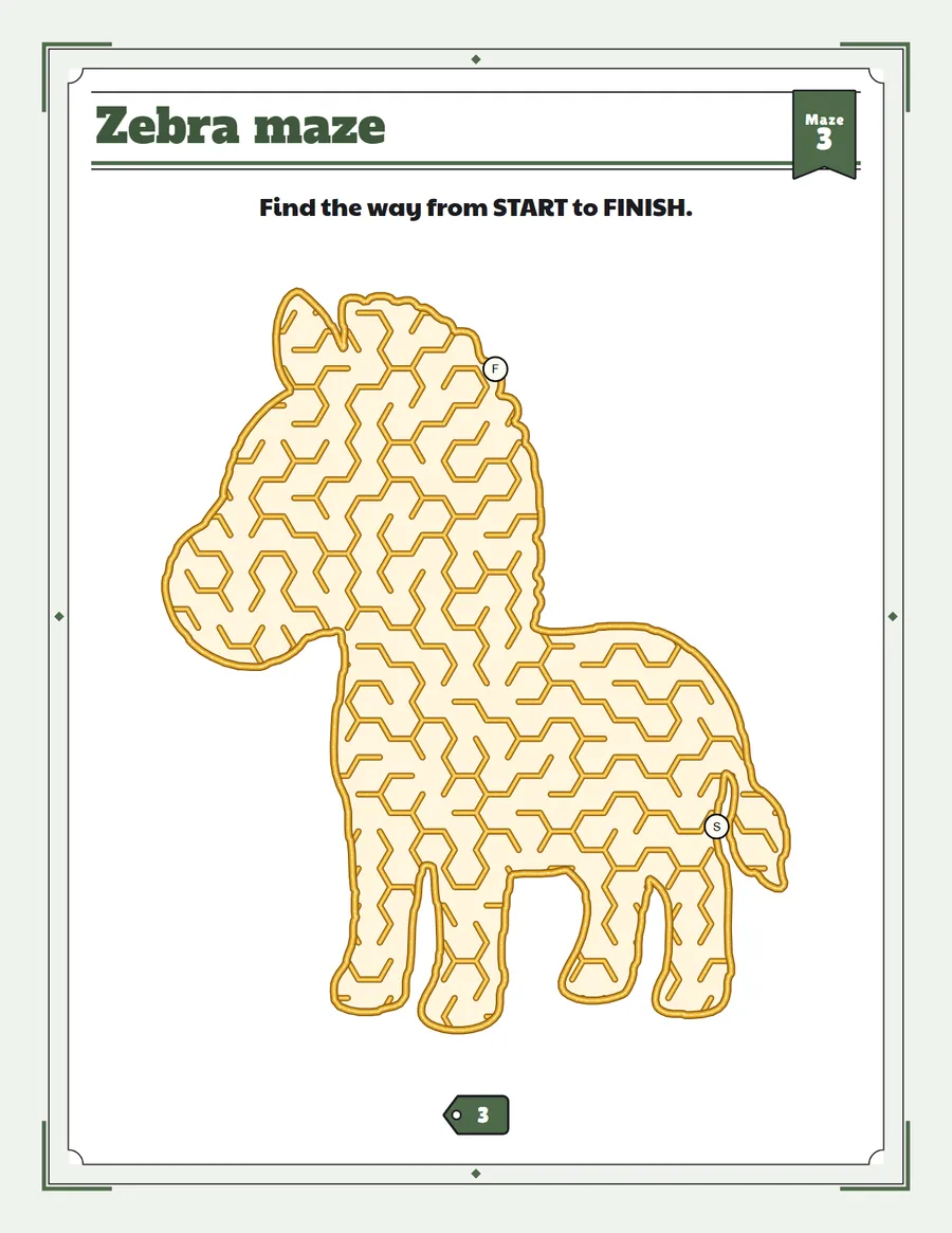 Zebra maze printable: a gentle safari animal maze inside a zebra shape