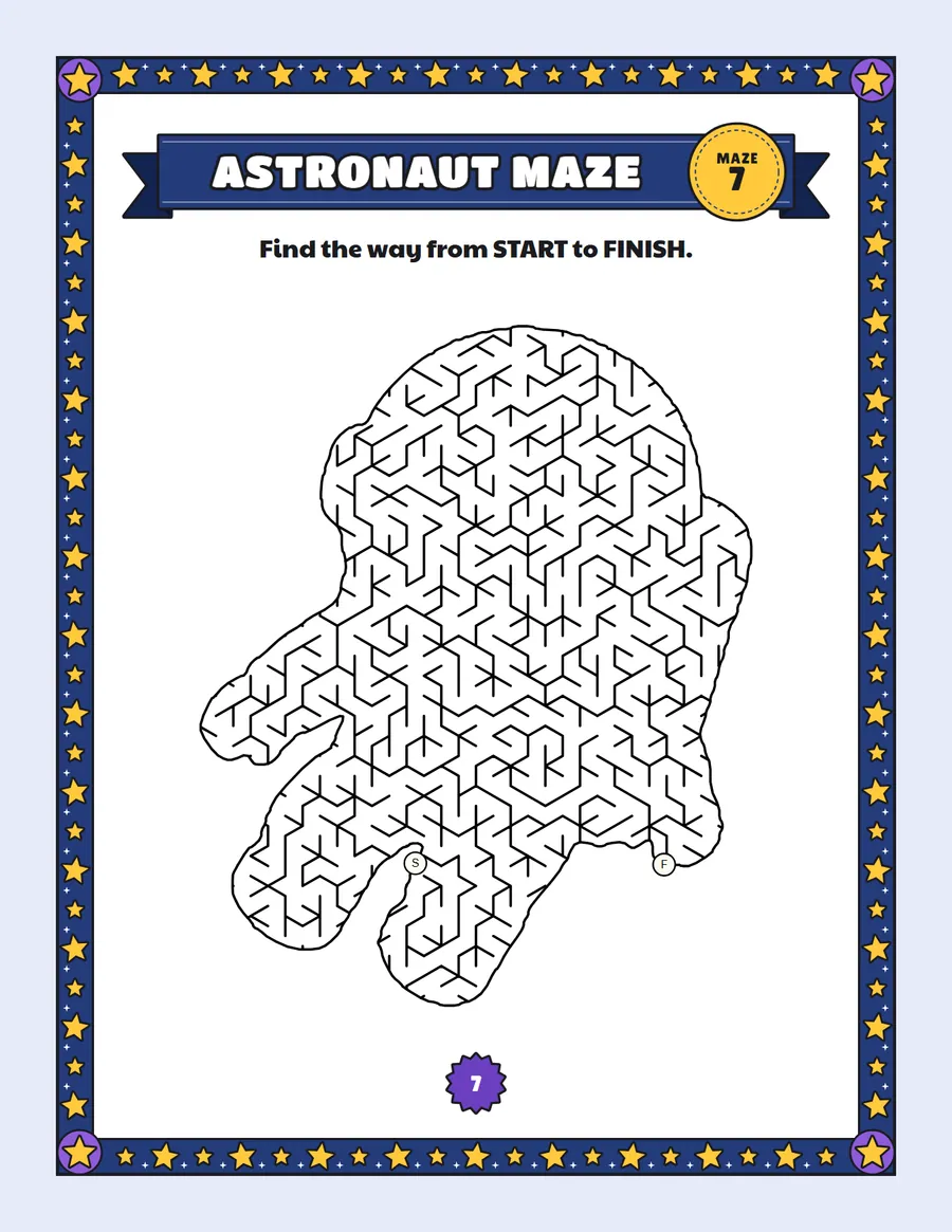 Astronaut maze printable: a hard space maze inside a astronaut shape