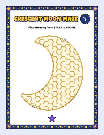 Crescent moon maze printable: a easy space maze inside a crescent moon shape