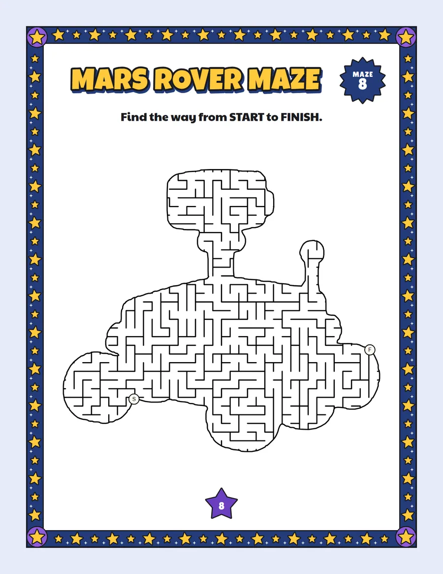 Mars rover maze printable: a hard space maze inside a mars rover shape