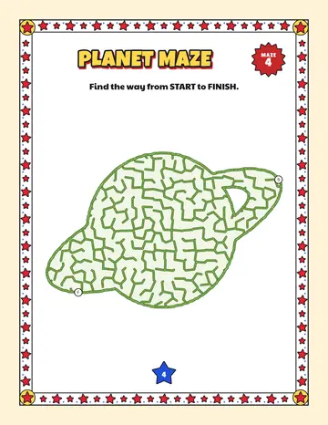 Planet maze printable: a gentle space maze inside a planet shape