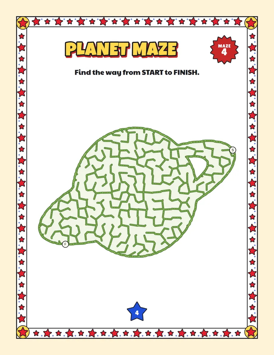 Planet maze printable: a gentle space maze inside a planet shape