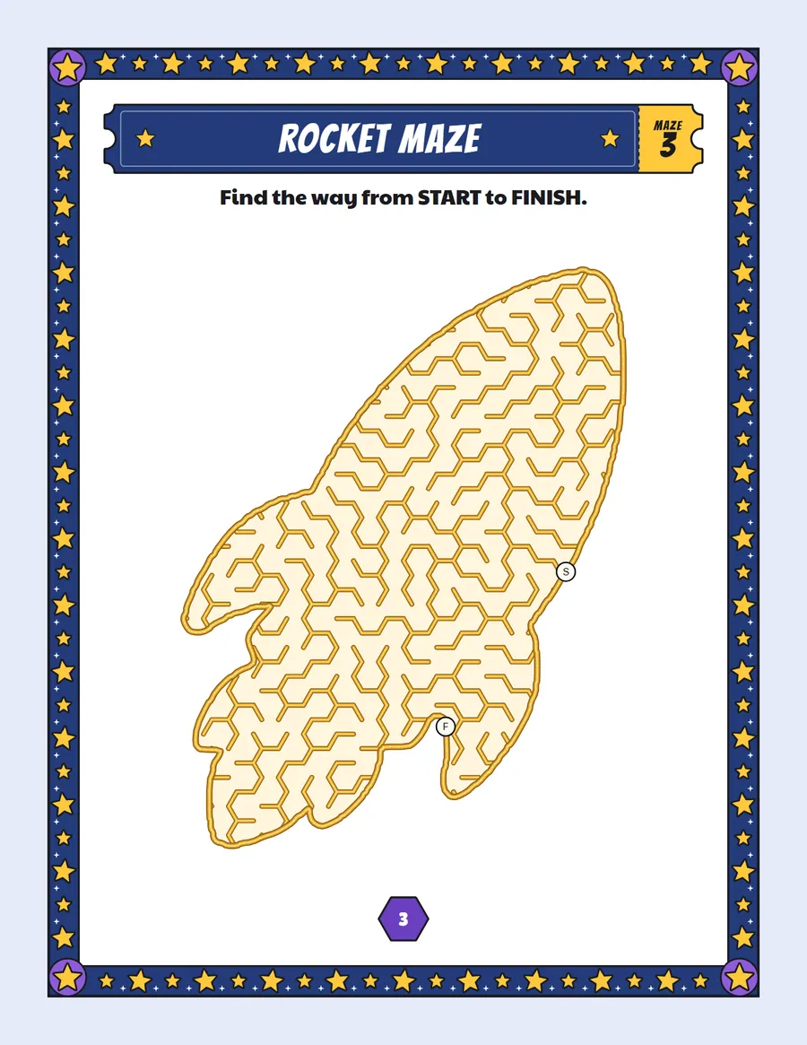 Rocket maze printable: a gentle space maze inside a rocket shape
