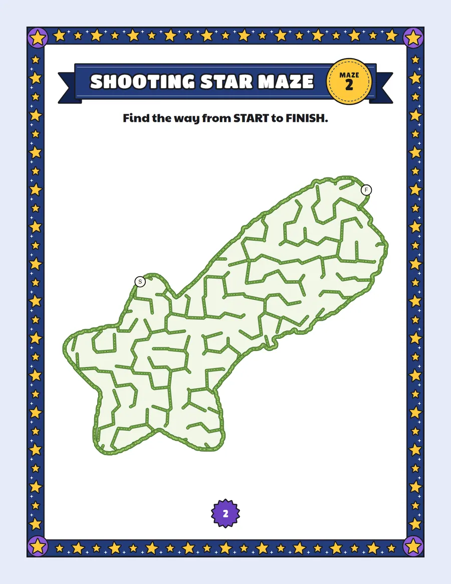Shooting star maze printable: a easy space maze inside a shooting star shape